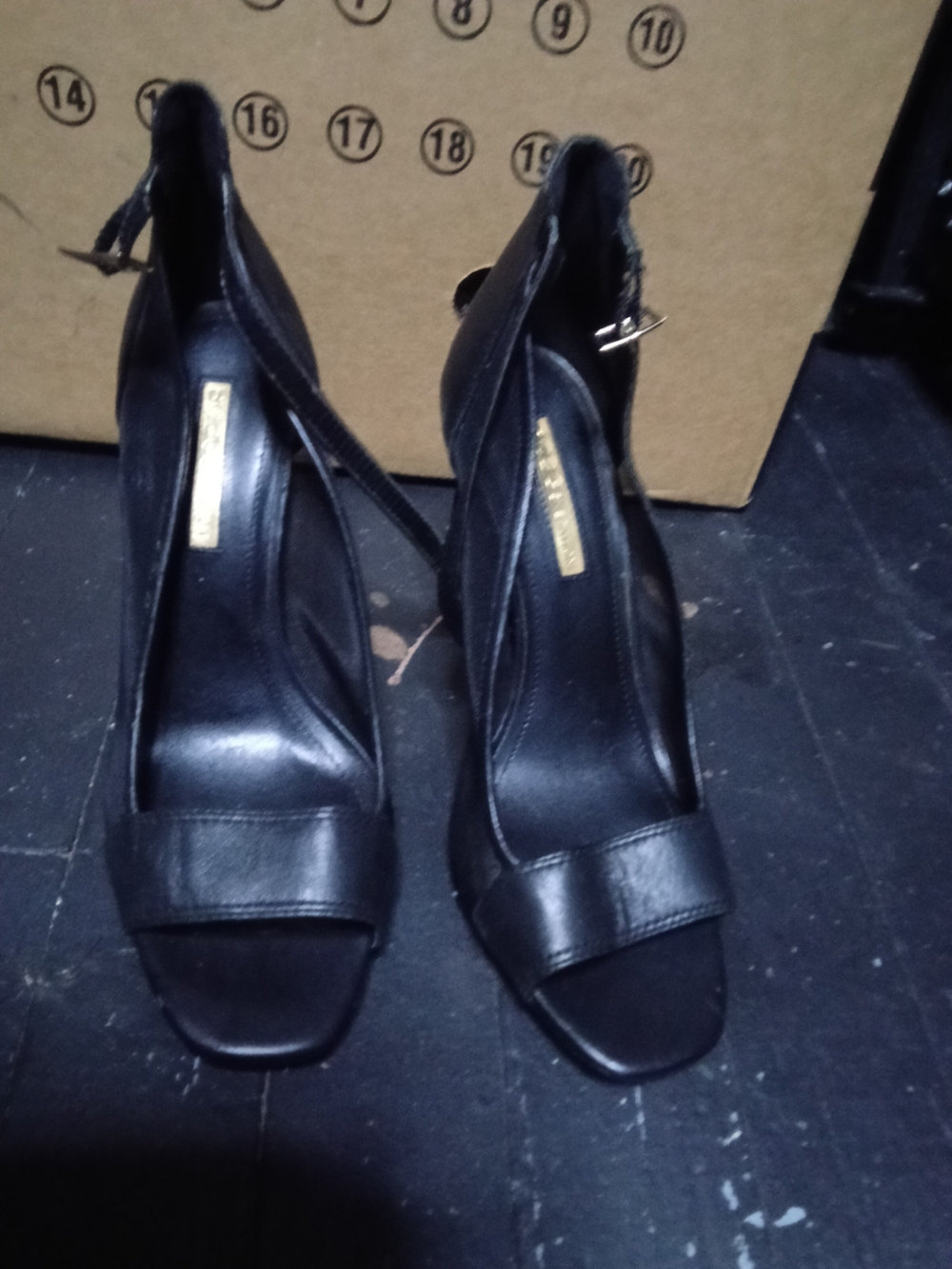BCBGeneration Black Leather Open-Toe Ankle-Strap Heels